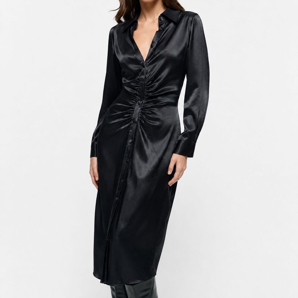Zara Womens XS Black Satin Ruched Midi Shirt Dress Button Front Long Sleeve